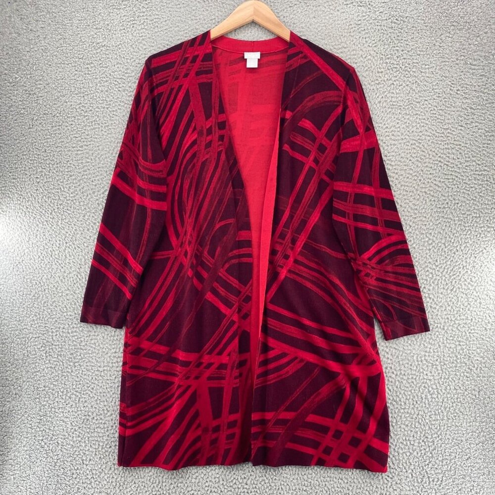 Chico's Burgundy and Red Open Front Graphic Cardigan